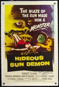 4p200 HIDEOUS SUN DEMON signed linen 1sh '59 by star/director Robert Clarke, sun made him a monster!