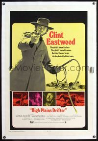 4p201 HIGH PLAINS DRIFTER linen int'l 1sh '73 great art of Clint Eastwood holding gun & whip!