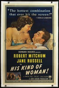 4p202 HIS KIND OF WOMAN linen 1sh '51 Robert Mitchum, sexy Jane Russell, presented by Howard Hughes!