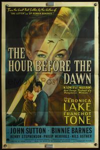 4p002 HOUR BEFORE THE DAWN linen 1sh '44 huge close up of Nazi spy Veronica Lake in spotlight!