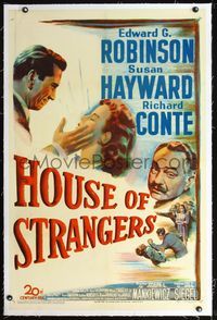 4p209 HOUSE OF STRANGERS linen 1sh '49 Edward G. Robinson, Richard Conte slaps Susan Hayward!