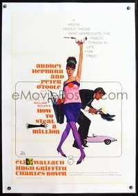 4p210 HOW TO STEAL A MILLION linen 1sh '66 art of sexy Audrey Hepburn & Peter O'Toole by McGinnis!