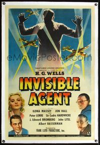 4p218 INVISIBLE AGENT linen 1sh '42 fx image of invisible man with WWII airplanes, Peter Lorre