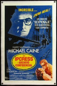 4p219 IPCRESS FILE linen Spanish/U.S. 1sh '65 cool different art of Michael Caine & shadow of sniper!