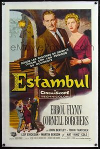 4p221 ISTANBUL linen Spanish/U.S. 1sh '57 Errol Flynn & Cornell Borchers, Turkey's city of a 1000 secrets!
