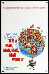 4p222 IT'S A MAD, MAD, MAD, MAD WORLD linen 1sh '64 great art of entire cast on Earth by Jack Davis!
