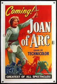 4p226 JOAN OF ARC linen style A teaser 1sh '48 Ingrid Bergman in full armor raising sword in air!