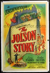 4p227 JOLSON STORY linen style B 1sh '46 Larry Parks in bio of the world's greatest entertainer!