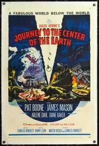 4p228 JOURNEY TO THE CENTER OF THE EARTH linen 1sh '59 Jules Verne, great sci-fi montage art!