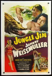 4p232 JUNGLE JIM linen 1sh '48 Johnny Weissmuller tries to save Virginia Grey from alligator!