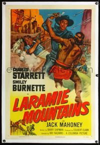 4p236 LARAMIE MOUNTAINS linen 1sh '52 art of Charles Starrett & Smiley fighting Native Americans!