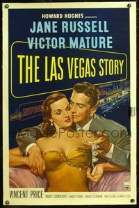 4p237 LAS VEGAS STORY linen 1sh '52 Victor Mature romances sexy Jane Russell & gives her jewelry!