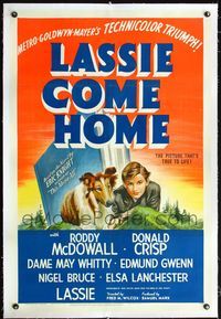 4p238 LASSIE COME HOME linen style D 1sh '43 art of young sad Roddy McDowall & his beloved Collie!