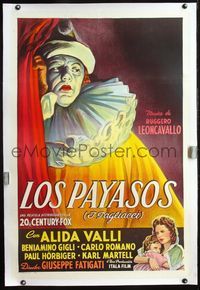 4p244 LAUGH PAGLIACCI linen Spanish/U.S. 1sh '43 wonderful stone litho of sad clown Paul Horbiger & Valli!