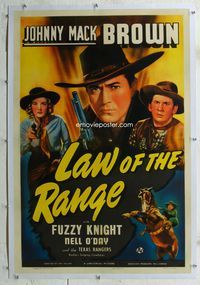 4p245 LAW OF THE RANGE linen 1sh '41 great close up of Johnny Mack Brown with gun & on horse!