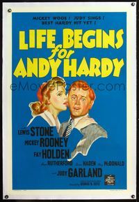 4p247 LIFE BEGINS FOR ANDY HARDY linen style D 1sh '41 art of Judy Garland holding Mickey Rooney!