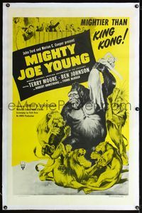 4p269 MIGHTY JOE YOUNG linen 1sh R57 1st Harryhausen, art of ape attacked by lions & holding girl!