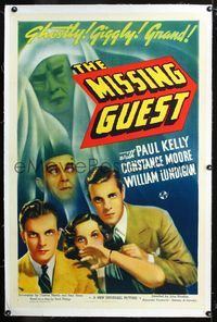 4p271 MISSING GUEST linen 1sh '38 art of ghost looming over Paul Kelly, Constance Moore & others!