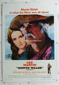 4p273 MONTE WALSH linen 1sh '70 super close up of cowboy Lee Marvin & pretty Jeanne Moreau!