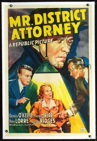 4p275 MR. DISTRICT ATTORNEY linen 1sh '41 cool art of Peter Lorre looming over interrogated woman!