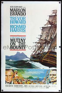 4p277 MUTINY ON THE BOUNTY linen style B 1sh '62 Marlon Brando, cool seafaring art of ship by Smith!