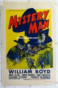 4p278 MYSTERY MAN linen 1sh R40s cool image of William Boyd as Hopalong Cassidy in shoot out!