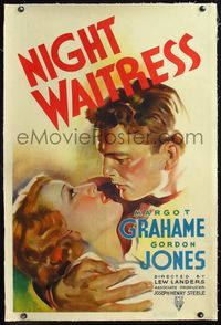 4p285 NIGHT WAITRESS linen 1sh '36 romantic close up art of pretty Margot Grahame & Gordon Jones!
