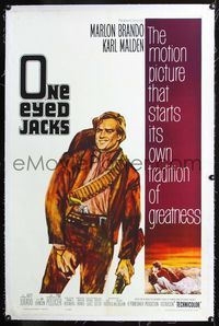 4p295 ONE EYED JACKS linen 1sh '61 great art of star & director Marlon Brando with gun & bandolier!