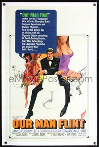 4p297 OUR MAN FLINT linen 1sh '66 Bob Peak art of James Coburn, sexy James Bond spy spoof!