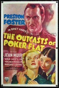4p299 OUTCASTS OF POKER FLAT linen 1sh '37 Bret Harte classic, great artwork of Preston Foster!