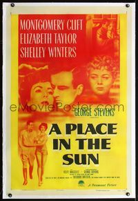 4p315 PLACE IN THE SUN linen 1sh '51 Montgomery Clift, sexy Elizabeth Taylor, Shelley Winters