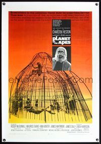 4p316 PLANET OF THE APES linen 1sh '68 Charlton Heston, classic sci-fi, cool image of caged humans!