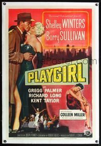 4p317 PLAYGIRL linen 1sh '54 Barry Sullivan, there's a price tag on sexy Shelley Winters' kisses!