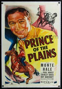4p322 PRINCE OF THE PLAINS linen 1sh '49 cool art of cowboy Monte Hale close up & riding his horse!