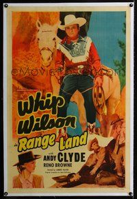 4p331 RANGE LAND linen 1sh '49 great full-length image of Whip Wilson standing by his horse!