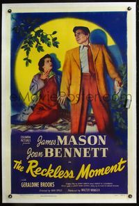 4p333 RECKLESS MOMENT linen 1sh '49 James Mason with scared Joan Bennett, directed by Max Ophuls!