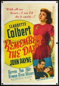 4p337 REMEMBER THE DAY linen 1sh '41 full-length pretty Claudette Colbert & held by John Payne!