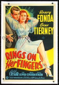4p340 RINGS ON HER FINGERS linen 1sh '42 great stone litho art of sexy Gene Tierney & Henry Fonda!