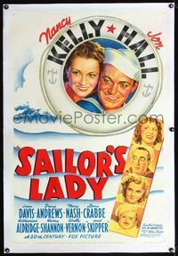 4p350 SAILOR'S LADY linen 1sh '40 stone litho of pretty Nancy Kelly & sailor Jon Hall + cast!