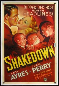 4p357 SHAKEDOWN linen 1sh '36 striking art of Lew Ayres & pretty kidnapped Joan Perry!