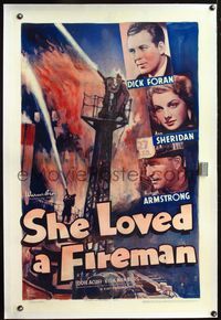 4p359 SHE LOVED A FIREMAN linen 1sh '37 sex Ann Sheridan, cool art of firefighters in giant blaze!