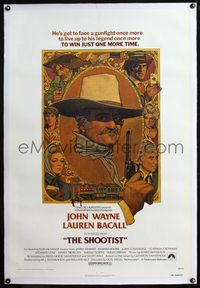 4p362 SHOOTIST linen 1sh '76 best Richard Amsel artwork of cowboy John Wayne & cast montage!