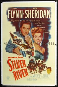 4p365 SILVER RIVER linen 1sh '48 Errol Flynn gambles for his life & sexiest Ann Sheridan!