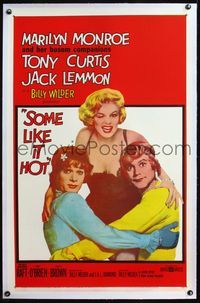 4p370 SOME LIKE IT HOT linen 1sh '60 sexy Marilyn Monroe with Tony Curtis & Jack Lemmon in drag!