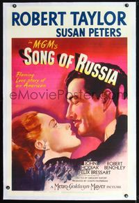 4p371 SONG OF RUSSIA linen 1sh '44 great romantic c/u art of Robert Taylor & Commie Susan Peters!