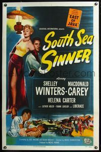 4p375 SOUTH SEA SINNER linen 1sh '49 sexiest Shelley Winters in skin-tight dress, Macdonald Carey