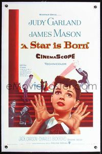 4p378 STAR IS BORN linen 1sh '54 great close up art of Judy Garland, James Mason, classic!