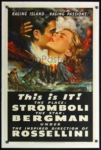 4p387 STROMBOLI linen 1sh '50 Ingrid Bergman, directed by Roberto Rossellini, cool volcano art!