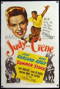 4p389 SUMMER STOCK linen 1sh '50 giant headshot of Judy Garland + Gene Kelly dancing in mid-air!