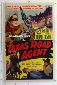 4p342 ROAD AGENT linen 1sh R51 masked Leo Carrillo shooting 2 guns, Texas Road Agent!